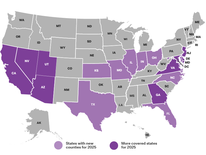 Este mapa muestra los estados de EE. UU. con nuevos condados con cobertura para 2025 y los estados con condados con cobertura existentes. Vaya a “Lista de estados cubiertos” para encontrar los estados con condados nuevos y existentes.